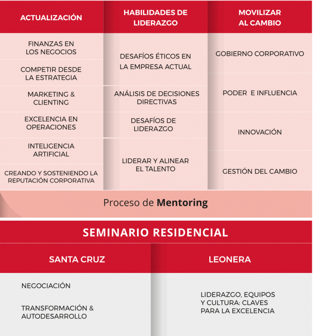 Malla curricular del AMP que incluye curso de liderazgo gerencial y coaching.